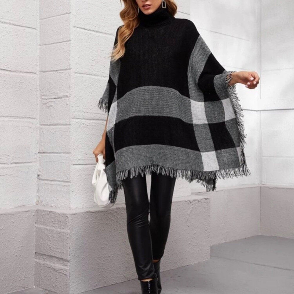 COPY - Black Fringe Sweater Poncho